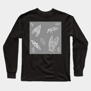 White and Grey Cicada Leaves Pattern Long Sleeve T-Shirt